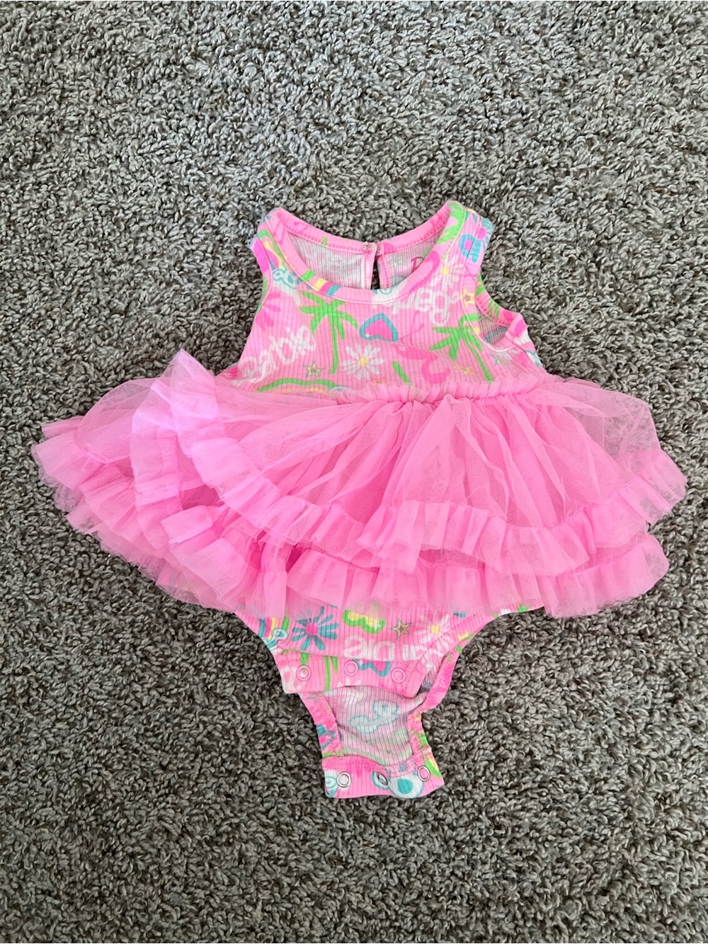 Barbie Pink Tulle Ruffle One-Piece Bodysuit with Tropical Print
